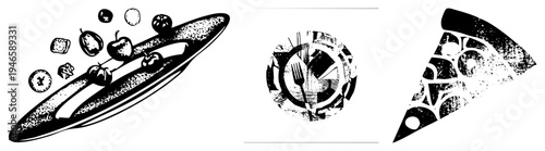 Black and white halftone illustrations of fruit salad and pizza slice, stylized graphic design, food art, vector cutout, isolated elements, food.