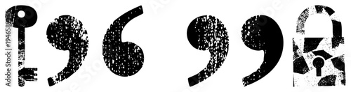Graphic symbols including key, comma,, and padlock with gritty texture, typographic, vector glyphs, digital design elements.