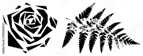 Stylized rose with angular segments and fern with textured fronds, both in high contrast black stencil art, ideal for graphic design or print.
