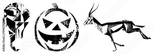 Halloween themed vector stylized skull, carved pumpkin, and leaping gazelle, rendered in fragmented geometric shapes with halftone texture. Perfect for spooky or wildlife design projects.