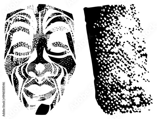 Artistic tribal face mask with gritty halftone texture, cultural artifact design, graphic symbol, vector illustration, art.