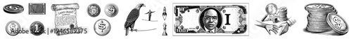 Money symbols including coins, bills, and financial rendered as flat vector graphics. Dollar signs, land grants, eagle, chess pieces, and transaction hands all isolated for design use.