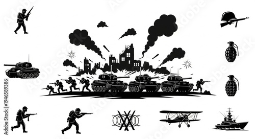 Silhouette collection of war elements and soldiers in battle.