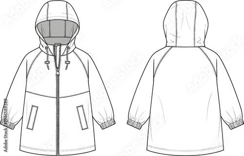 Technical jacket sketch, hooded outerwear front and back, drawstring hood, patch pockets, elastic cuffs, zipper closure, fashion illustration
