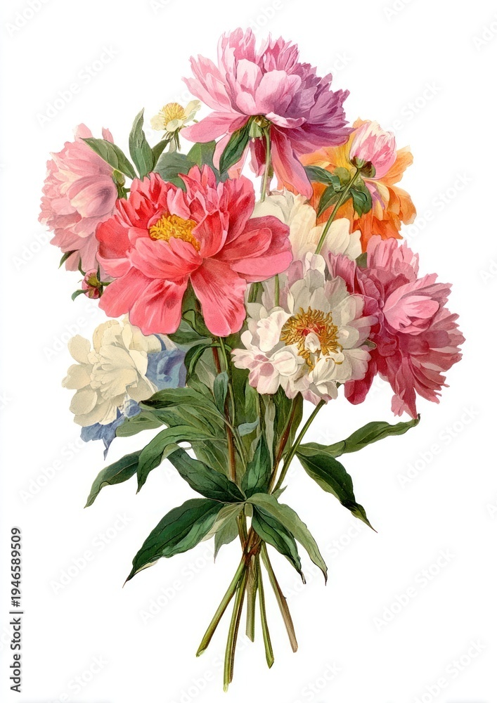 Obraz premium Vibrant peony bouquet illustration.