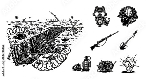 World War I Trench Warfare and Soldier Equipment Illustration.