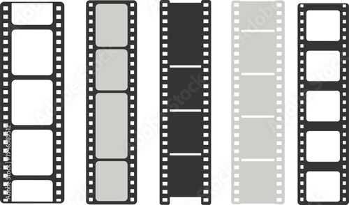 Set of five vertical film strip designs with shading variations, representing exposure levels and creative photography elements for media and design use