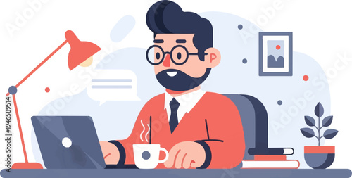 A man in glasses and a red jacket works at a desk with a laptop and coffee