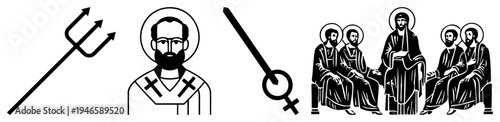 Black vector including trident, priest figure, gender symbol, Jesus with disciples, minimalist sacred, flat design religious symbols.