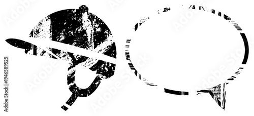 Retro stylized police officer hat with badge and speech bubble, distressed texture, graphic design element, law enforcement symbol, urban.