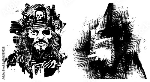 Pirate leader wearing skull adorned hat, long beard, and eye patch, stylized halftone graphic, bold black and white illustration, tattoo ready design.