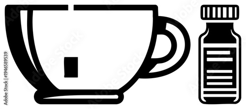 Minimalist coffee mug with handle and spice bottle, flat vector design, kitchen essentials, beverage and seasoning symbols, clean art.