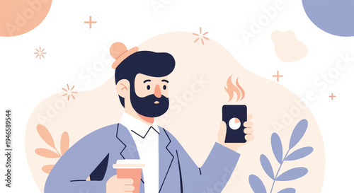 A man in a hat and blazer holding a coffee cup and phone