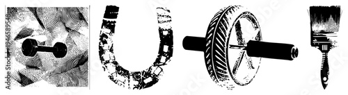 Classic halftone graphic featuring gym equipment and artist tools, vector design, stylized fitness and creativity, artistic texture, retro illustration style.