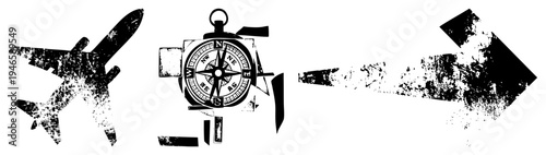 Worn travel symbols including airplane, compass rose, and arrow, distressed black graphic, navigation theme, adventure motifs, vector silhouette.