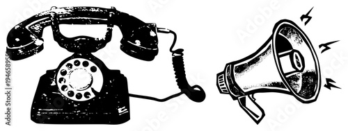 Retro telephone to megaphone, analog communication vs. amplified broadcast, classic rotary dial, public announcement, communication transition, vintage tech symbol.