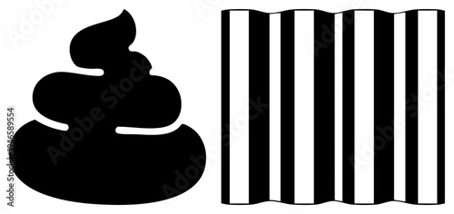 Vector graphic of poop emoji and striped toilet paper roll, minimalist flat design, bathroom set, hygiene symbol, restroom graphic.