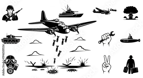 World War II military equipment and symbols illustration.