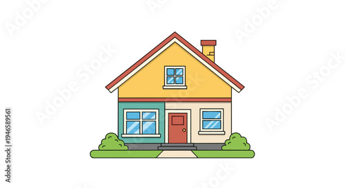 A charming flat design house illustration with a red roof, yellow attic, vibrant walls, surrounded by green bushes