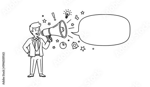 Business leader with megaphone doodle sketch announcement promotion vector illustration