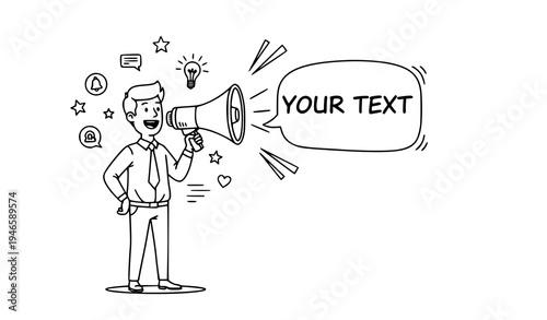 Funny office worker with megaphone doodle sketch vector announcement concept