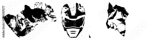 Distorted Power Ranger helmet cutouts with grunge texture, stylized mask designs, comic book aesthetic, vector art, black and white, abstract superhero motifs.