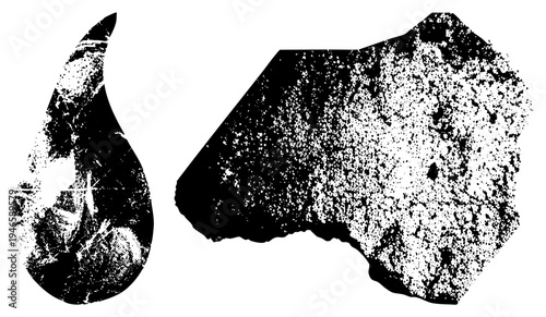 Distressed water droplet silhouette and gritty stone texture, halftone vector graphic, isolated elements, rustic design assets, digital art.