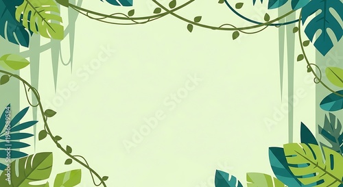 Lush tropical leaf and vine border in a flat design style, featuring green monstera and other jungle plants on a light background. Ideal for nature-themed projects.