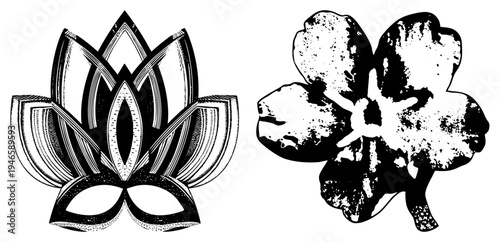 Geometric lotus flower with layered petals and halftone cherry blossom, both in black and white vector art, graphic design elements, isolated motifs.