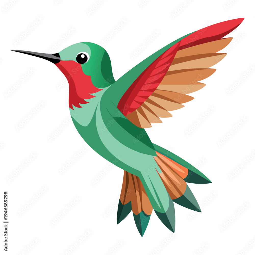 Obraz premium Vibrant Green Hummingbird in Flight with Red Throat Patch and Orange Tail Feathers on white background