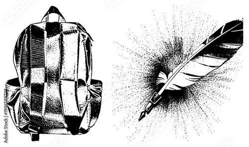 Retro style backpack with straps and pockets, quill pen with feather, halftone dot shading, student or writer gear, graphic design.