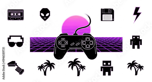 Retro gaming controller with 80s style icons and sunset grid background.