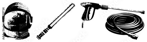 Sci fi astronaut helmet, glowing lightsaber blade, high pressure washer nozzle, coiled garden hose, black and white halftone vector art.