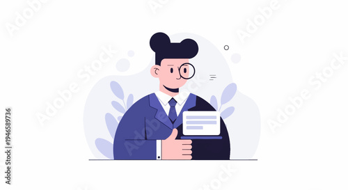 A man in a suit inspects a document with a monocle