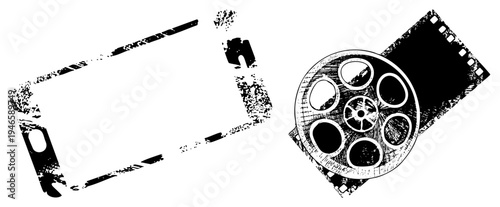 Retro celluloid movie reel with film strip, smartphone, distressed texture, black and white, cinematic, digital vs analog symbols.