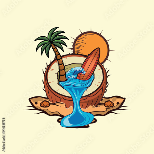 Surfboard in a coconut drink with palm tree and sun on sand tropical summer vector