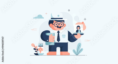 A man in a hat and glasses holds a phone and a small screen with a person