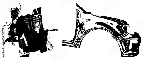 Classic car hood ornament with ornate detailing, paired with worn denim jacket, halftone texture, vector art, fashion and automotive design.