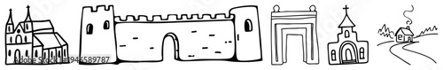 Simplified black sketches of historic buildings, medieval, religious, triumphal arch, rural farmhouse with smoke.