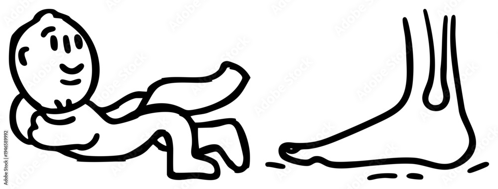 Obraz premium Simple drawing of baby reaching for foot, playful interaction, infant reaching, cartoon character, stylized human figure, child reaching.