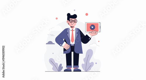 A man in a suit holds up a tablet showing a camera lens