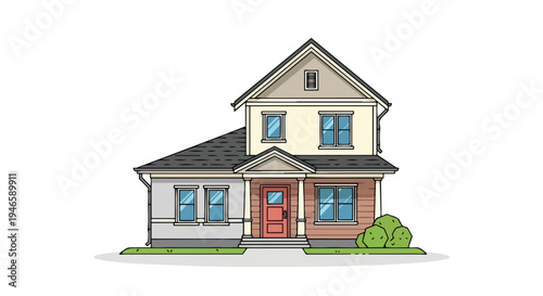 A charming illustrated suburban family dwelling with a vibrant red door and clean lines, perfect for property development concepts and residential