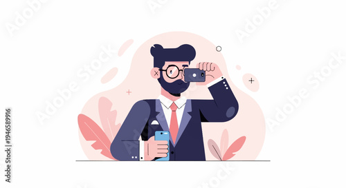 A man in a suit holds a phone and takes a picture