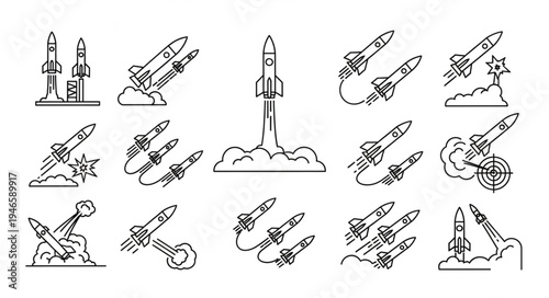 Collection of rocket launch and flight illustrations in a simple line art style.