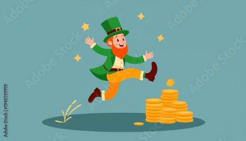Happy leprechaun jumping with gold coins on a light blue background for St. Patrick's Day
