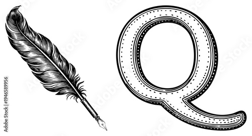 Hand drawn quill pen with detailed feather texture beside decorative capital Q, vintage typography, ink writing tool, historical lettering, calligraphic design.