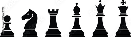 Set of six black chess piece silhouettes including pawn, knight, rook, bishop, queen, and king for game design, strategy, and education