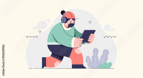 A man in headphones runs with a tablet in hand, listening to audio