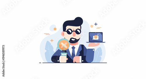 A man in a suit holds a lollipop and a laptop with a chart