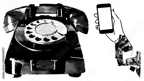 Classic rotary telephone juxtaposed with contemporary smartphone held in hand, retro vs modern communication tech, analog dialer contrast digital screen.